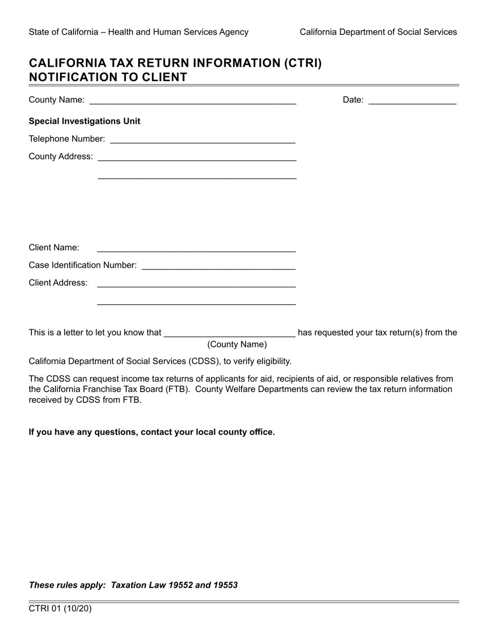 Form CTRI01 California Tax Return Information (Ctri) Notification to Client - California, Page 1