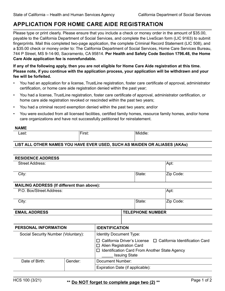 Form HCS100 Application for Home Care Aide Registration - California, Page 1