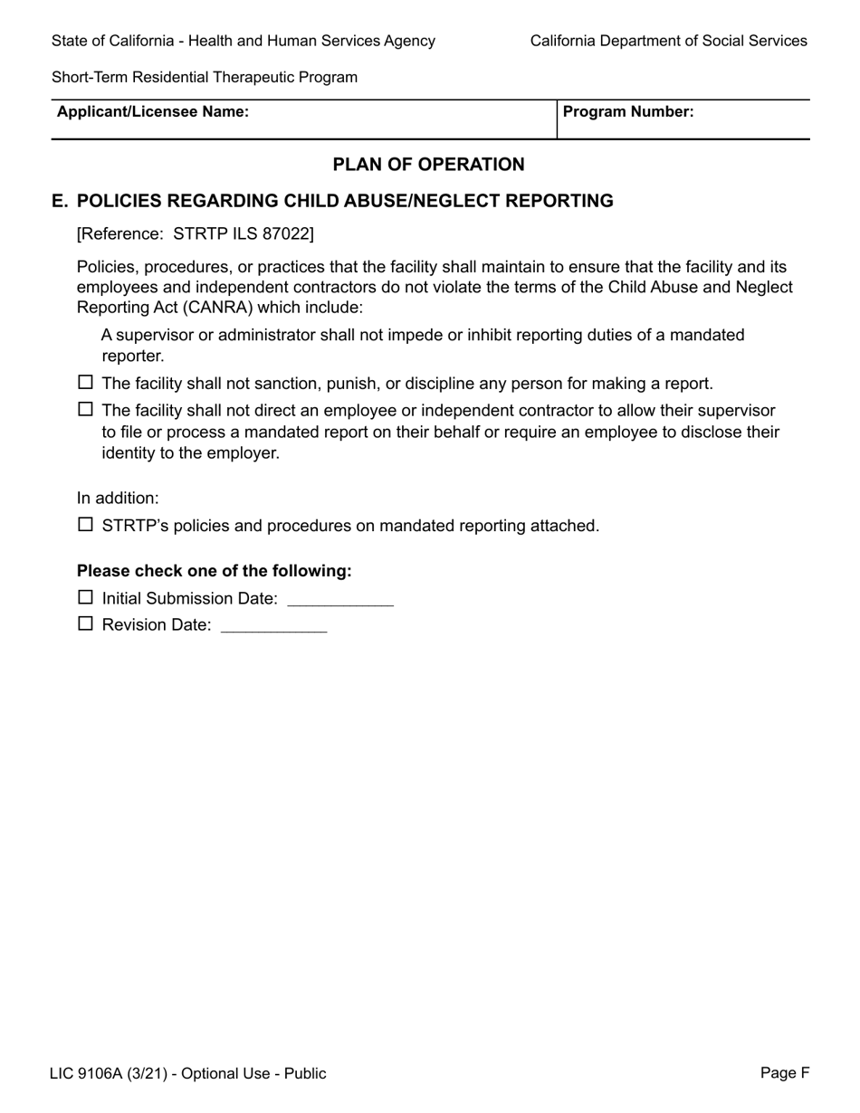 Form LIC9106A Plan of Operation / Program Statement - Short-Term Residential Therapeutic Program - California, Page 12