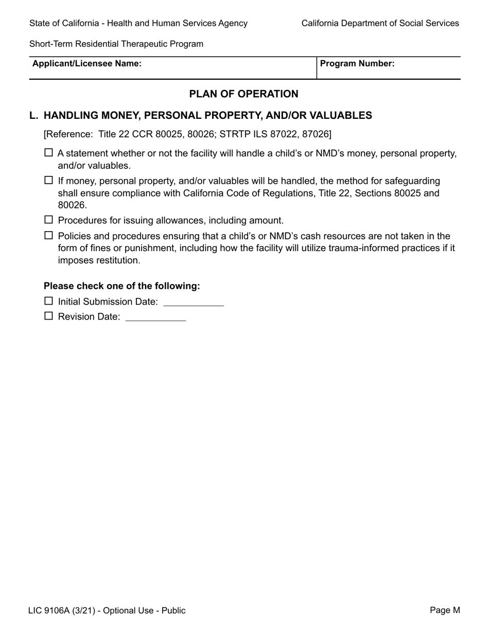 Form LIC9106A Plan of Operation / Program Statement - Short-Term Residential Therapeutic Program - California, Page 19