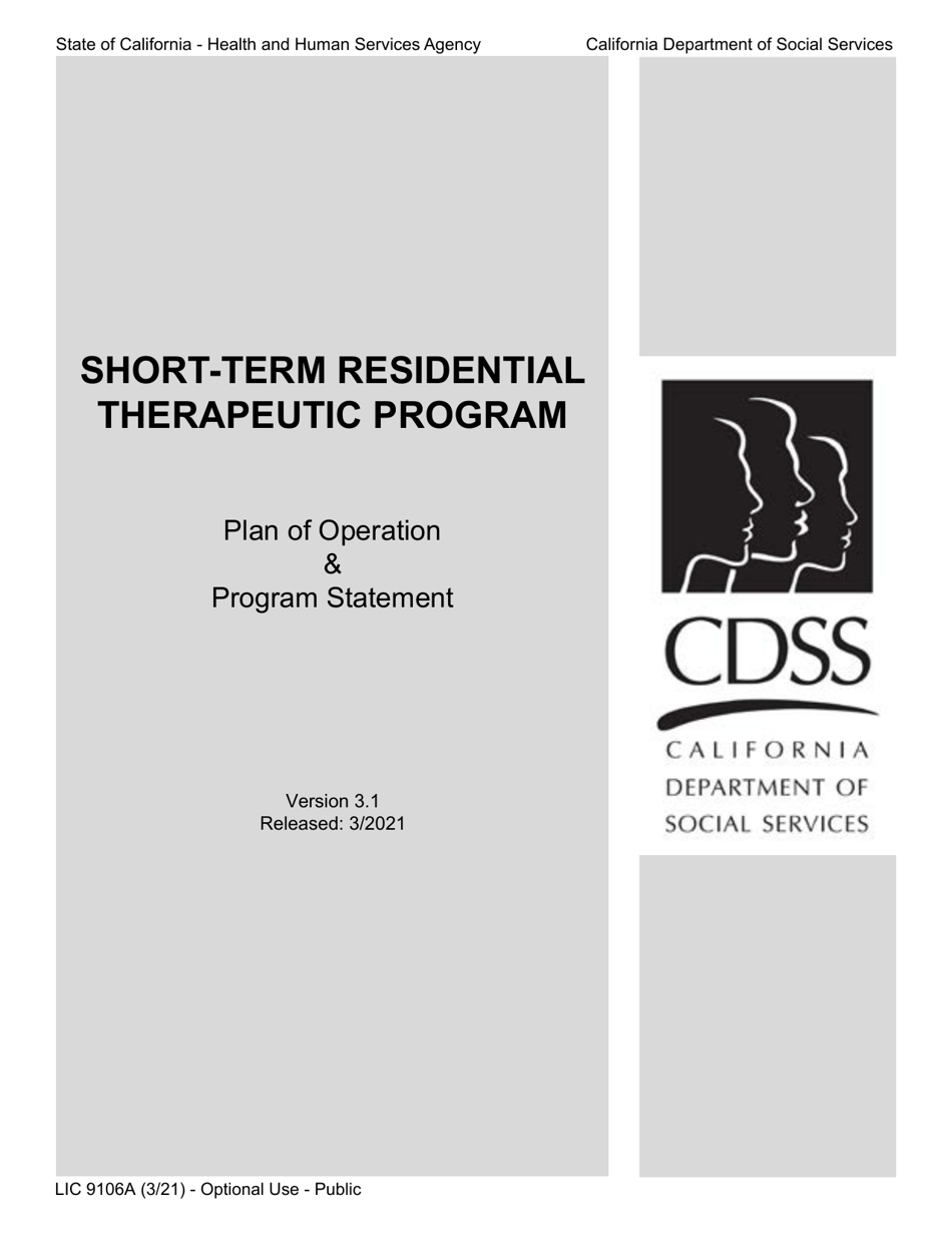 Form LIC9106A Plan of Operation / Program Statement - Short-Term Residential Therapeutic Program - California, Page 1
