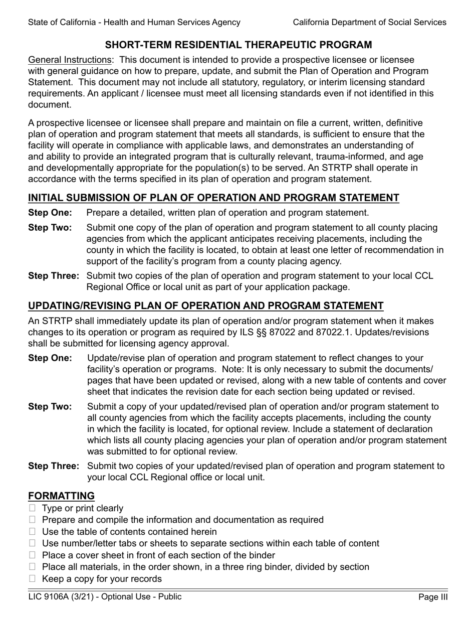 Form LIC9106A Plan of Operation / Program Statement - Short-Term Residential Therapeutic Program - California, Page 3