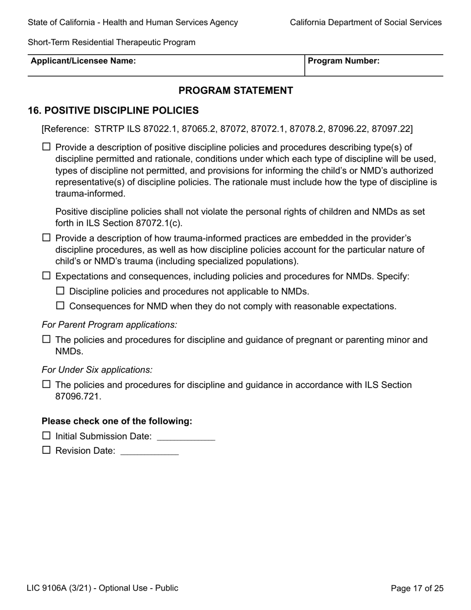 Form LIC9106A Plan of Operation / Program Statement - Short-Term Residential Therapeutic Program - California, Page 41