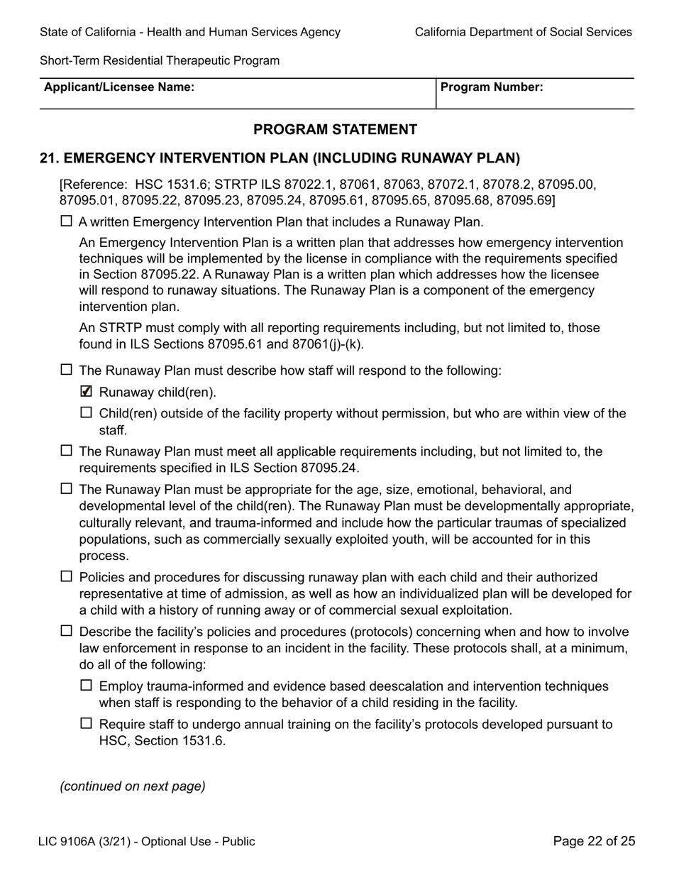 Form LIC9106A Plan of Operation / Program Statement - Short-Term Residential Therapeutic Program - California, Page 46