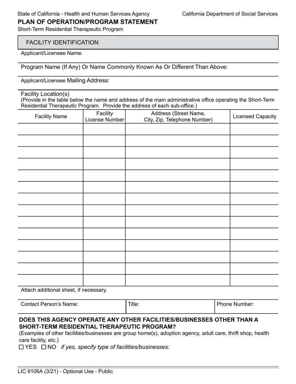 Form LIC9106A Plan of Operation / Program Statement - Short-Term Residential Therapeutic Program - California, Page 4