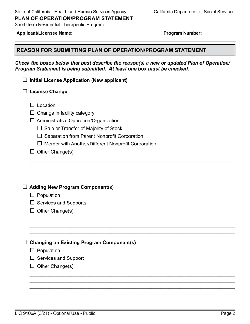 Form LIC9106A Plan of Operation / Program Statement - Short-Term Residential Therapeutic Program - California, Page 5