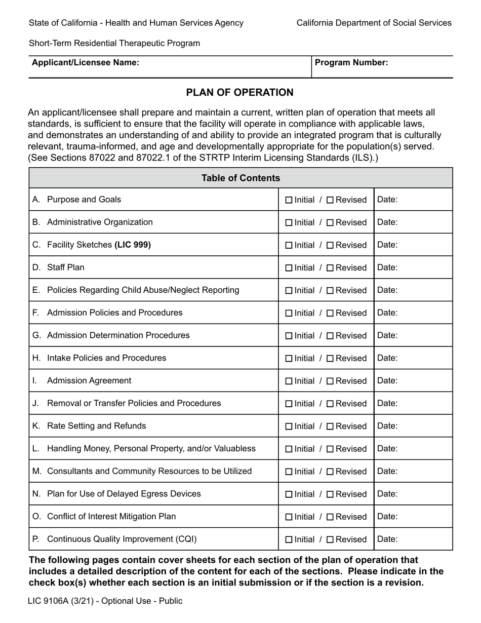 Form LIC9106A Plan of Operation / Program Statement - Short-Term Residential Therapeutic Program - California, Page 6