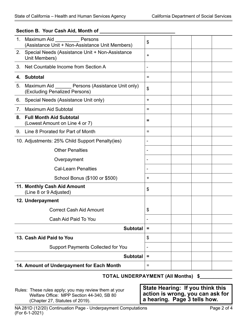 Form NA281D Notice of Action (Continued) Underpayment Amount Owed (For Underpayments Occurring on or After 6-1-2021) - California, Page 2