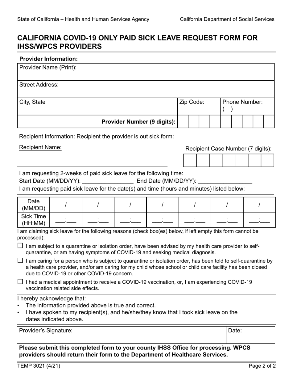 Form TEMP3021 Fill Out, Sign Online and Download Fillable PDF