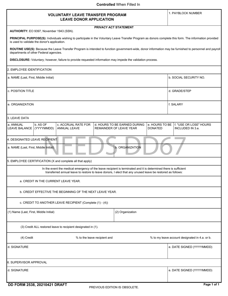 DD Form 2538 Voluntary Leave Transfer Program Leave Donor Application, Page 1