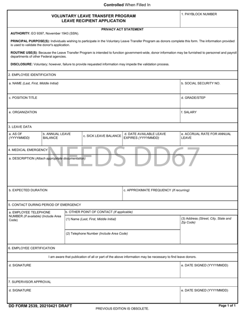 DD Form 2539 Voluntary Leave Transfer Program Leave Recipient Application