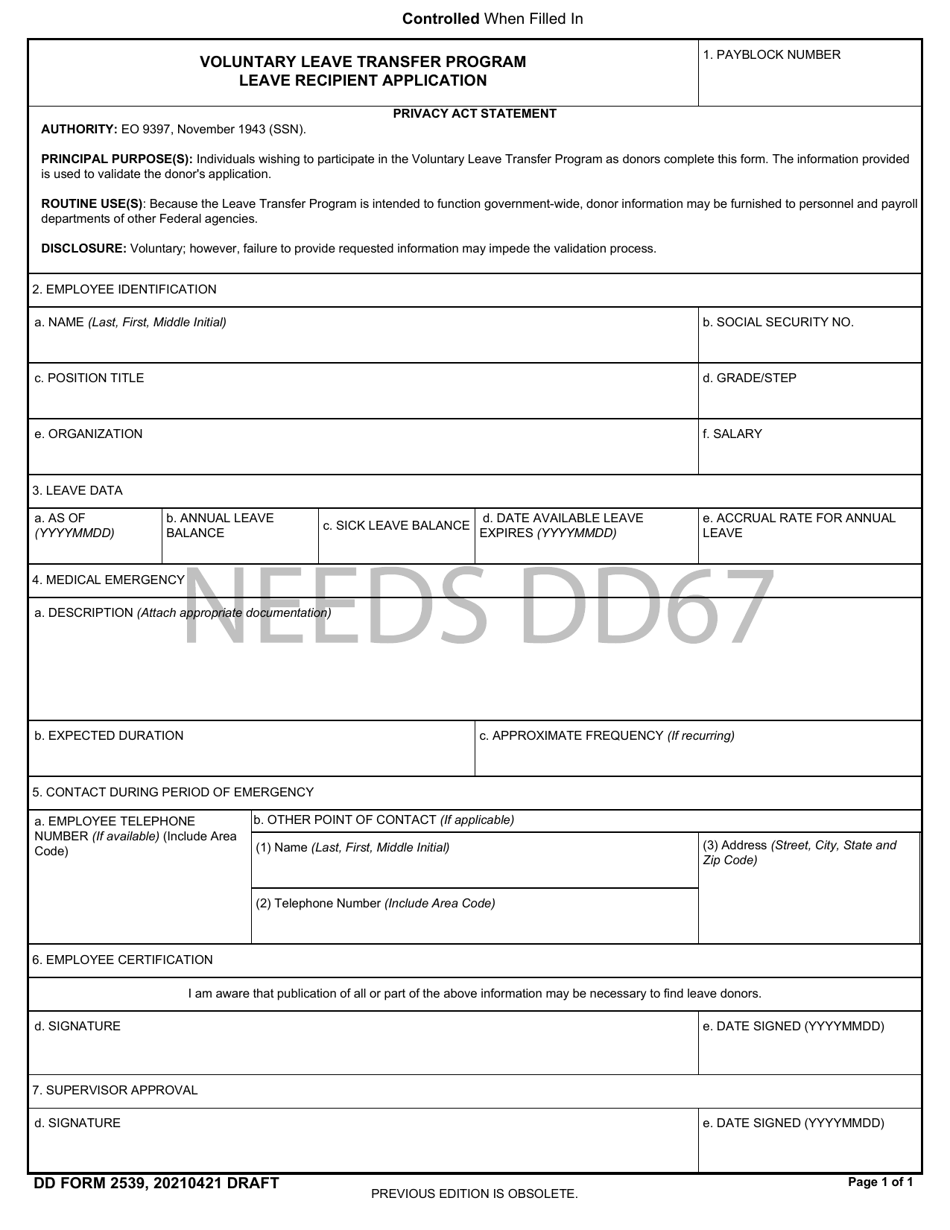 DD Form 2539 Voluntary Leave Transfer Program Leave Recipient Application, Page 1