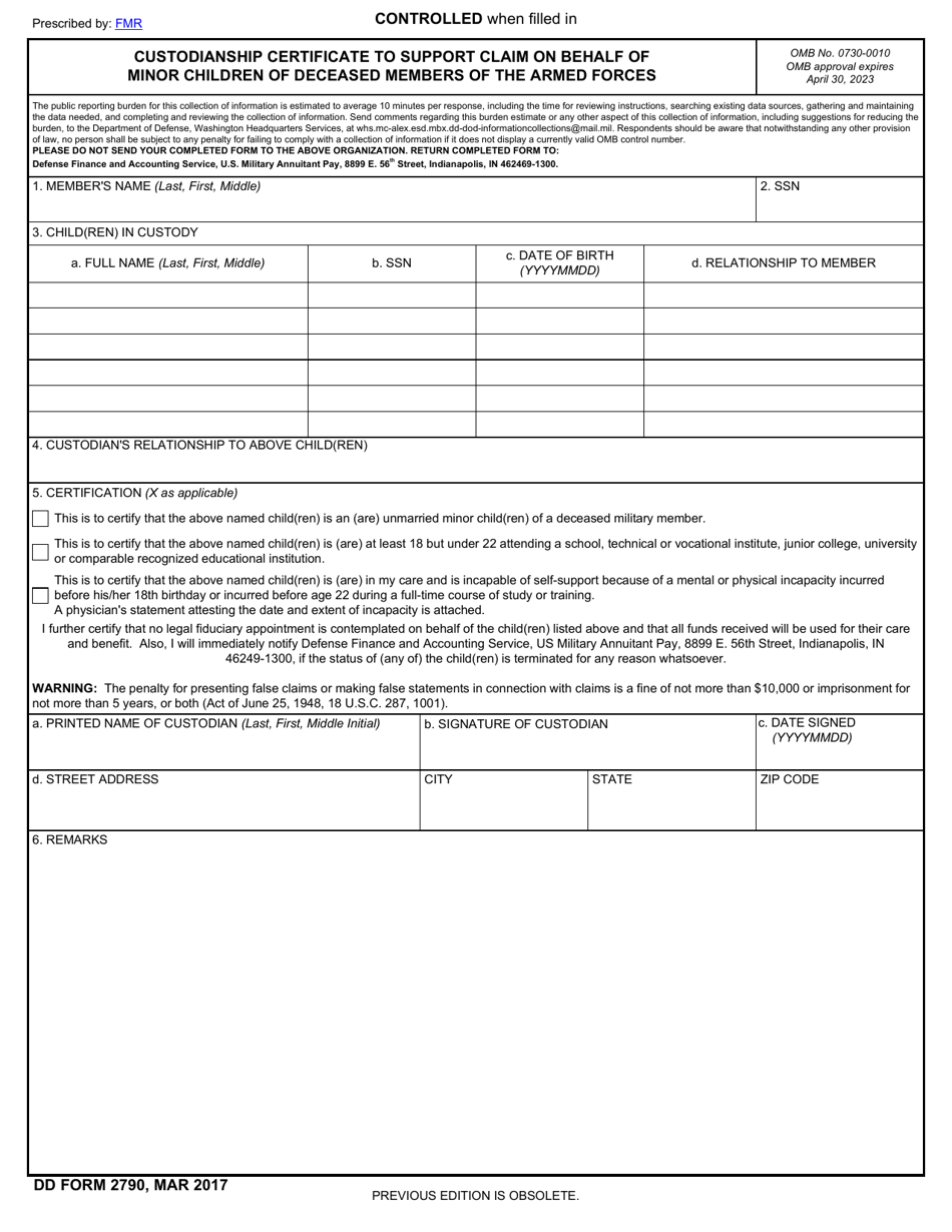 DD Form 2790 Custodianship Certificate to Support Claim on Behalf of Minor Children of Deceased Members of the Armed Forces, Page 1