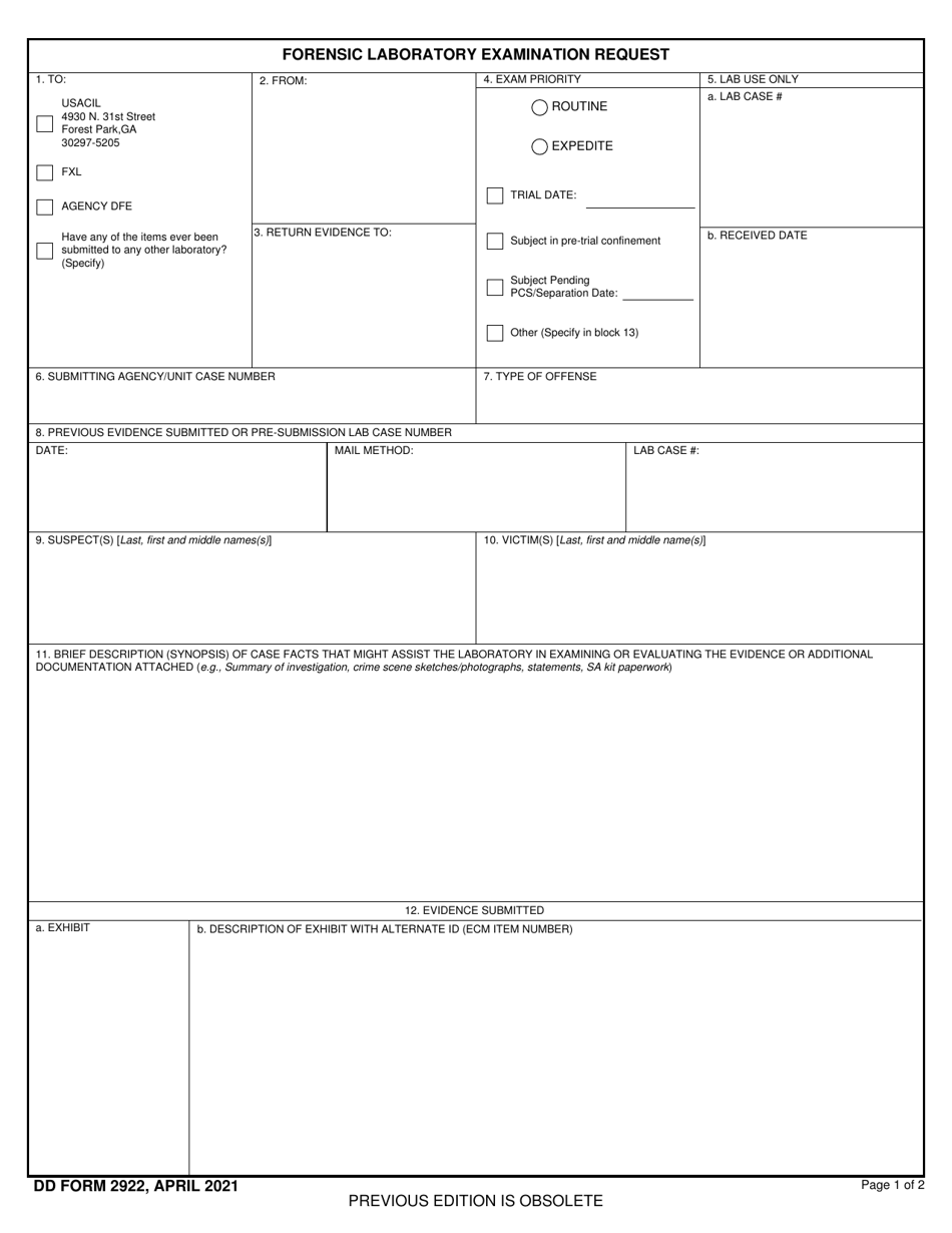 DD Form 2922 Forensic Laboratory Examination Request, Page 1