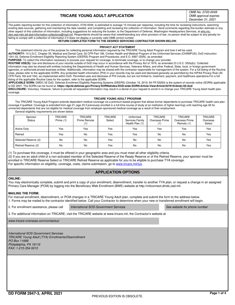 DD Form 2947-3 TRICARE Young Adult Application (Overseas), Page 1