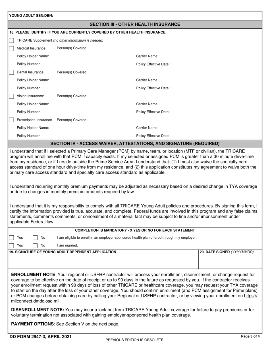DD Form 2947-3 TRICARE Young Adult Application (Overseas), Page 3