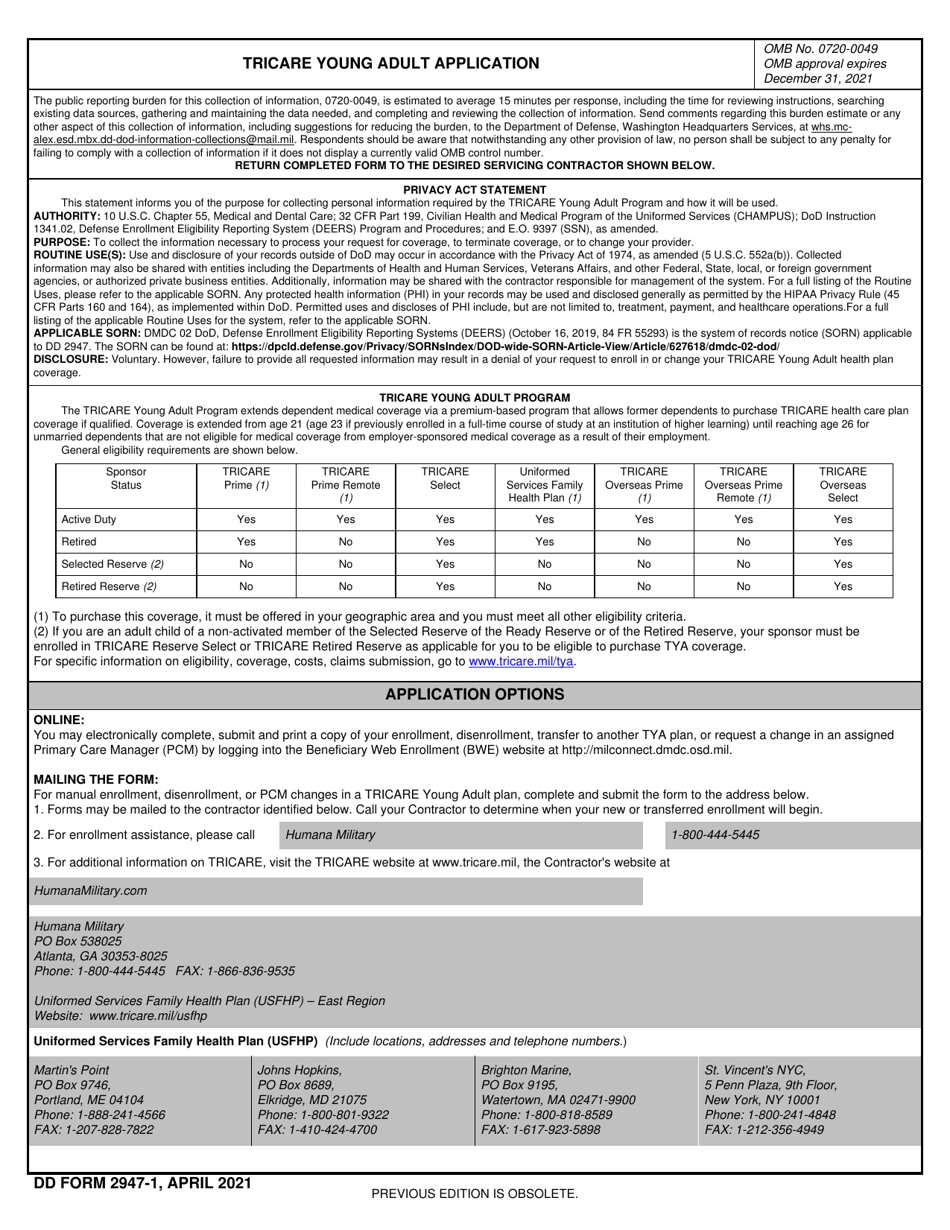 DD Form 2947-1 TRICARE Young Adult Application (East), Page 1