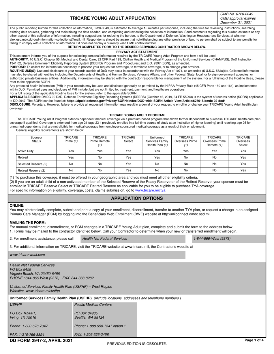 DD Form 2947-2 TRICARE Young Adult Application (West), Page 1