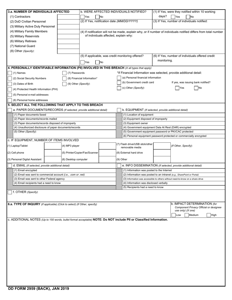 DD Form 2959 Download Fillable PDF or Fill Online Breach of Personally ...