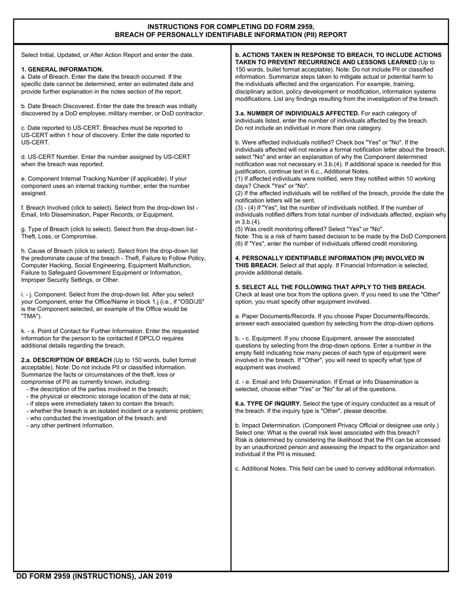 DD Form 2959 Download Fillable PDF or Fill Online Breach of Personally