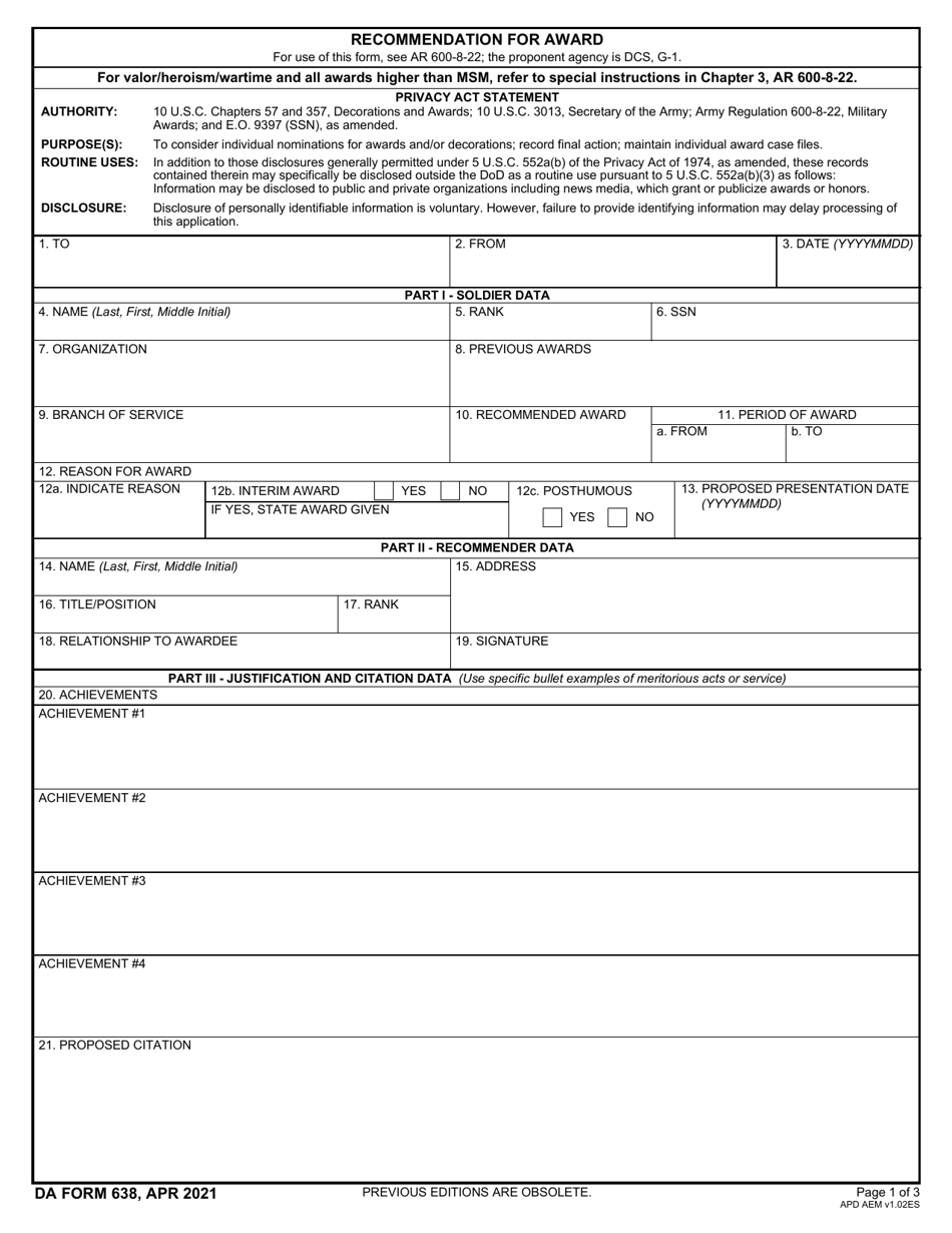 DA Form 638 Recommendation for Award, Page 1