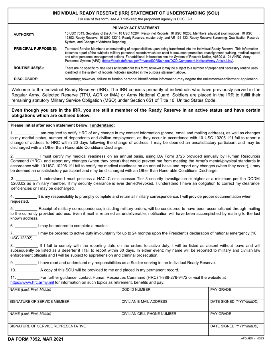 DA Form 7852 Download Fillable PDF or Fill Online Individual Ready