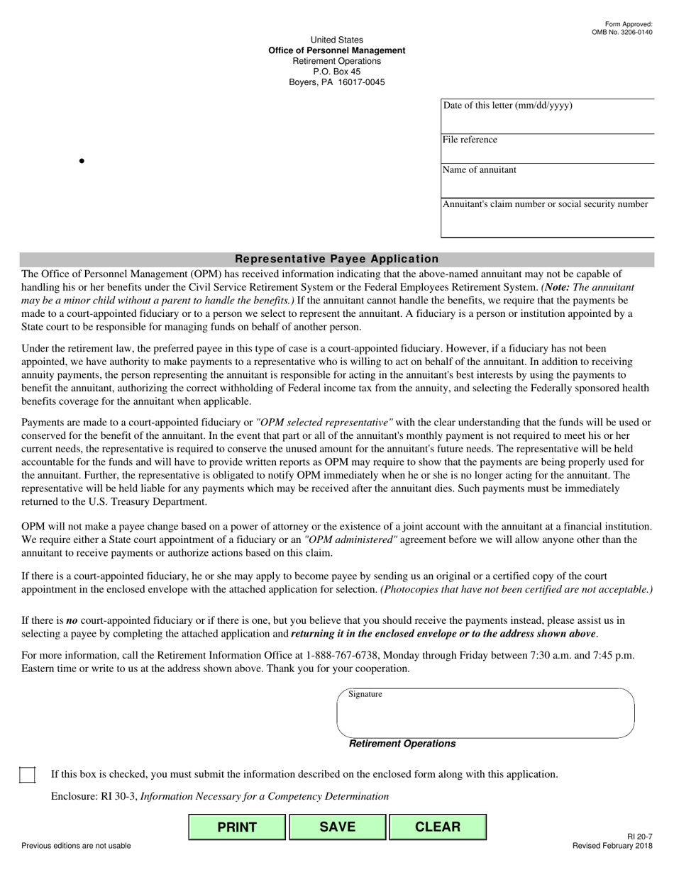Form RI20-7 Representative Payee Application, Page 1