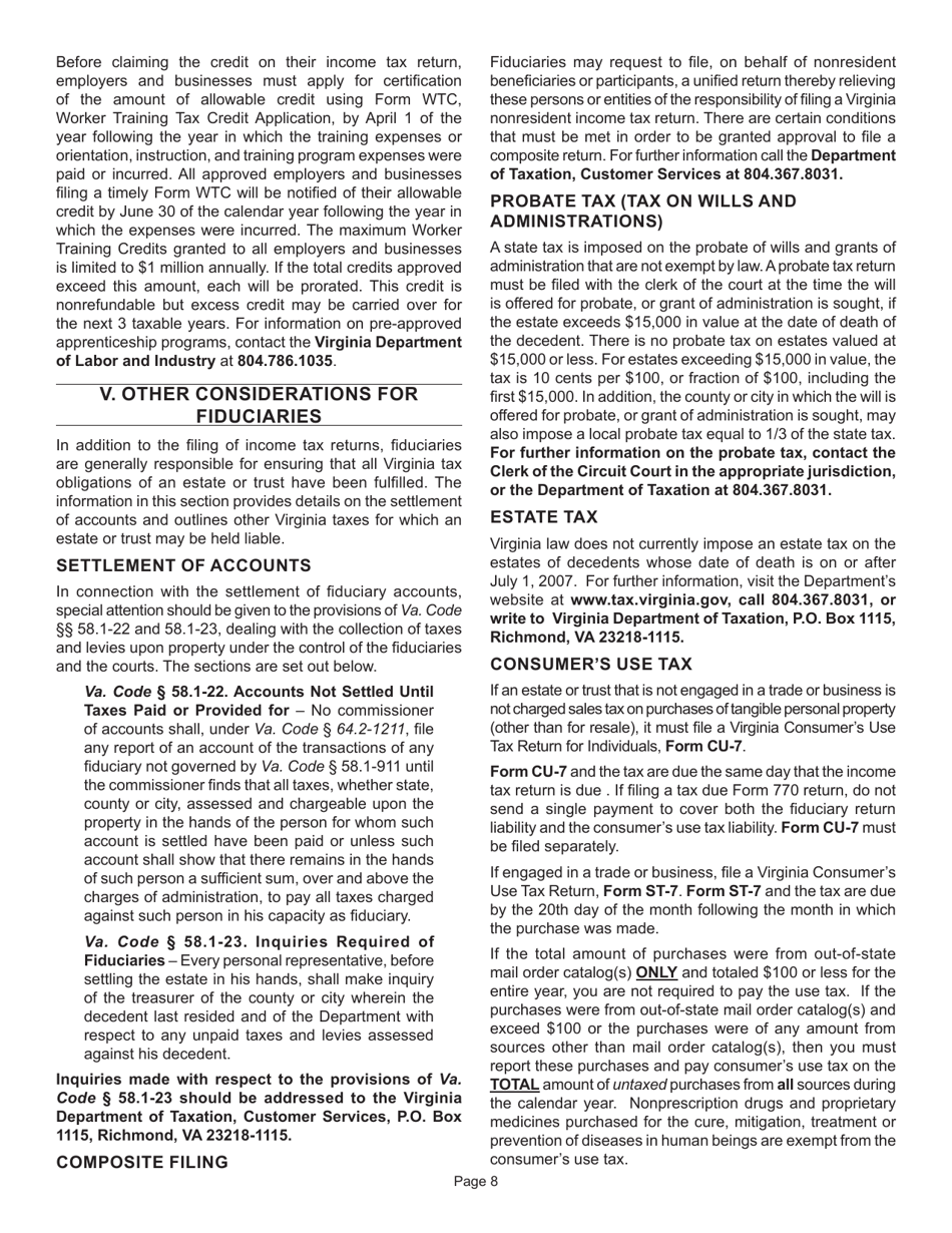 Instructions for Form 770 Virginia Fiduciary Income Tax Return - Virginia, Page 10