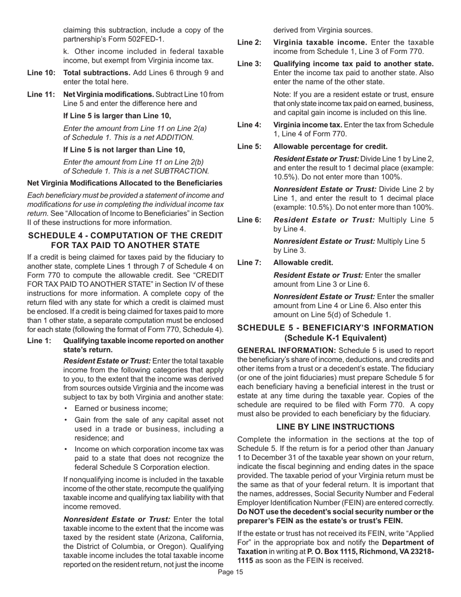 Instructions for Form 770 Virginia Fiduciary Income Tax Return - Virginia, Page 17