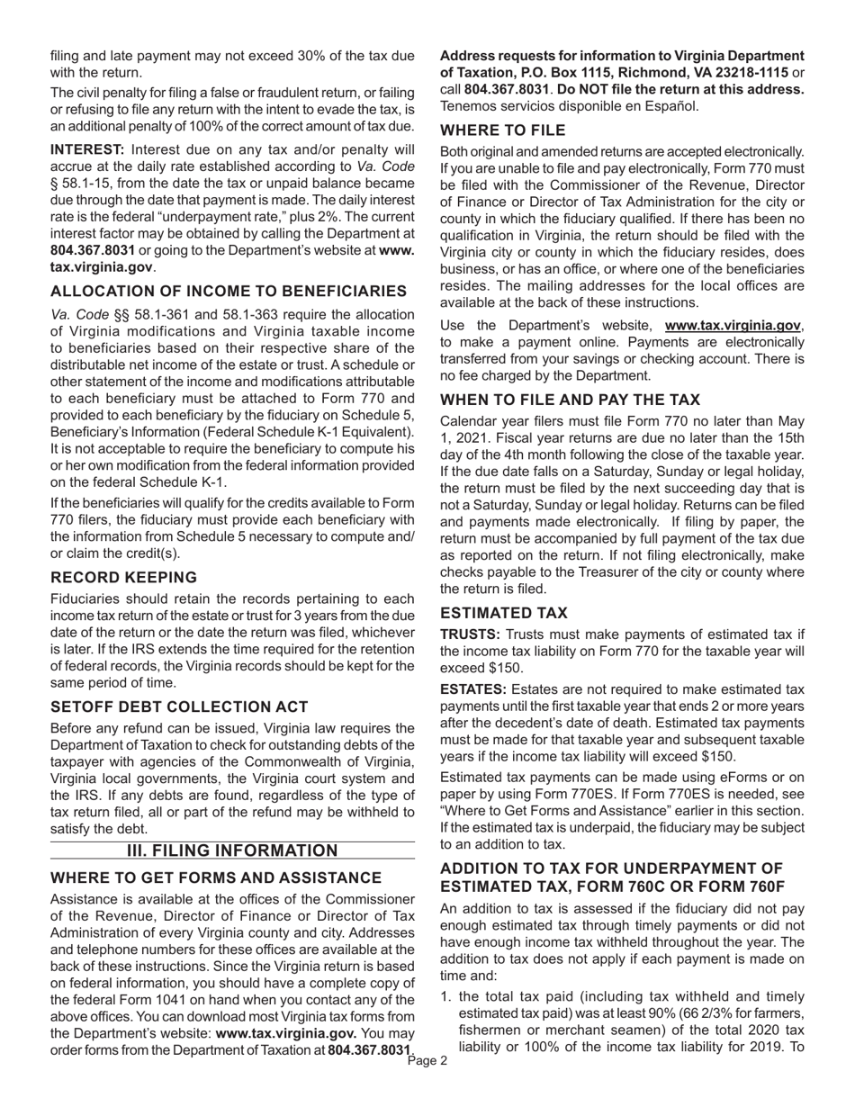Instructions for Form 770 Virginia Fiduciary Income Tax Return - Virginia, Page 4