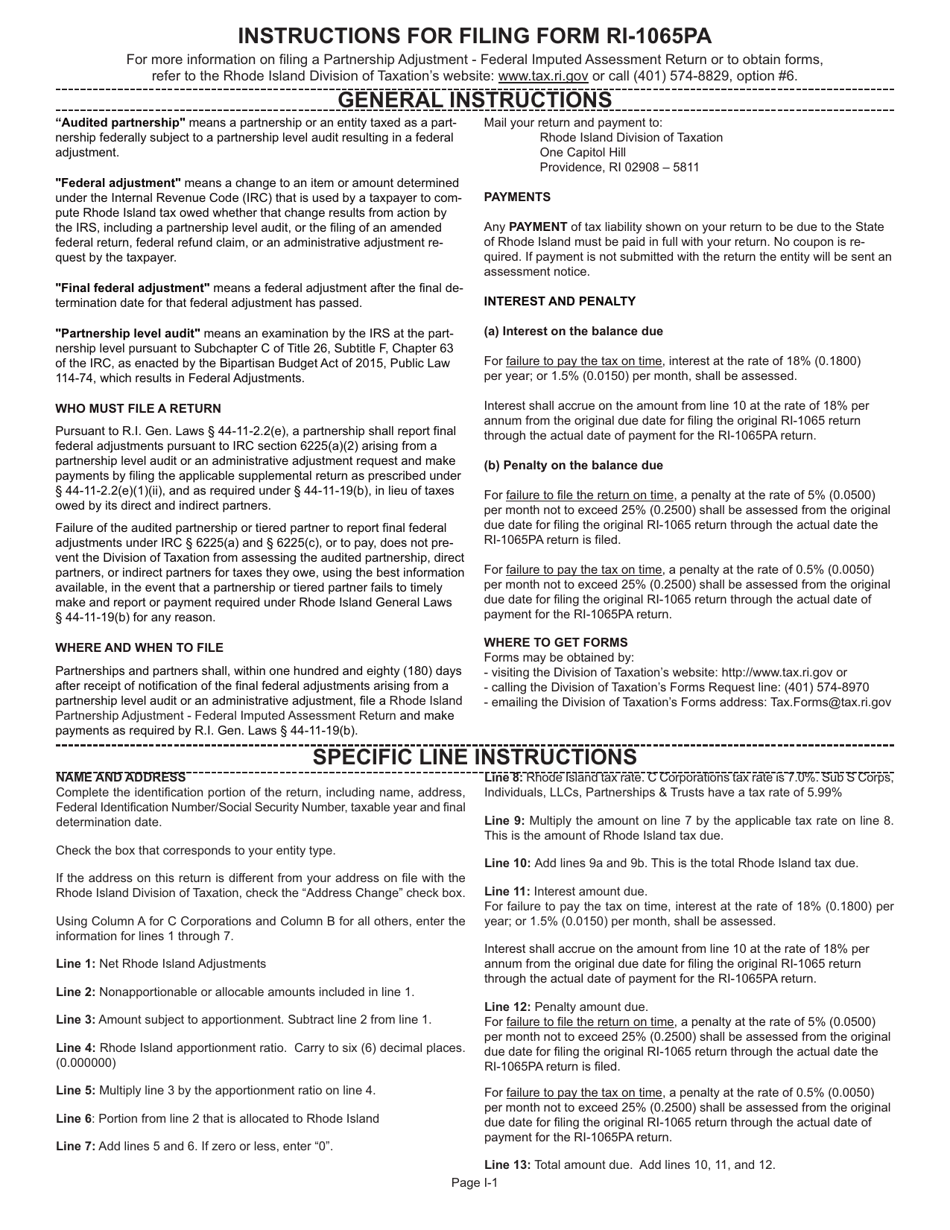 Download Instructions for Form RI1065PA Partnership Adjustment