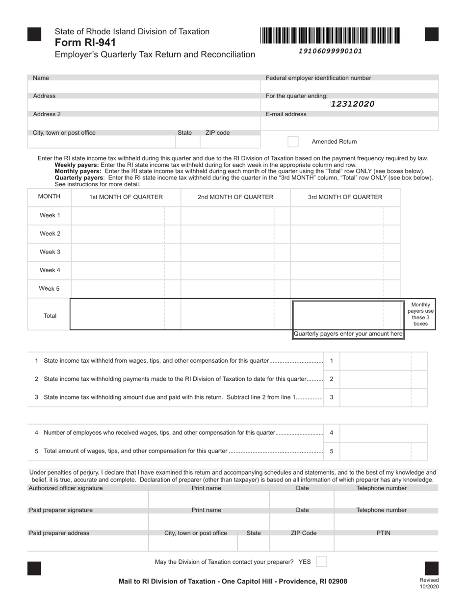 Form RI941 Download Fillable PDF or Fill Online Employer's Quarterly