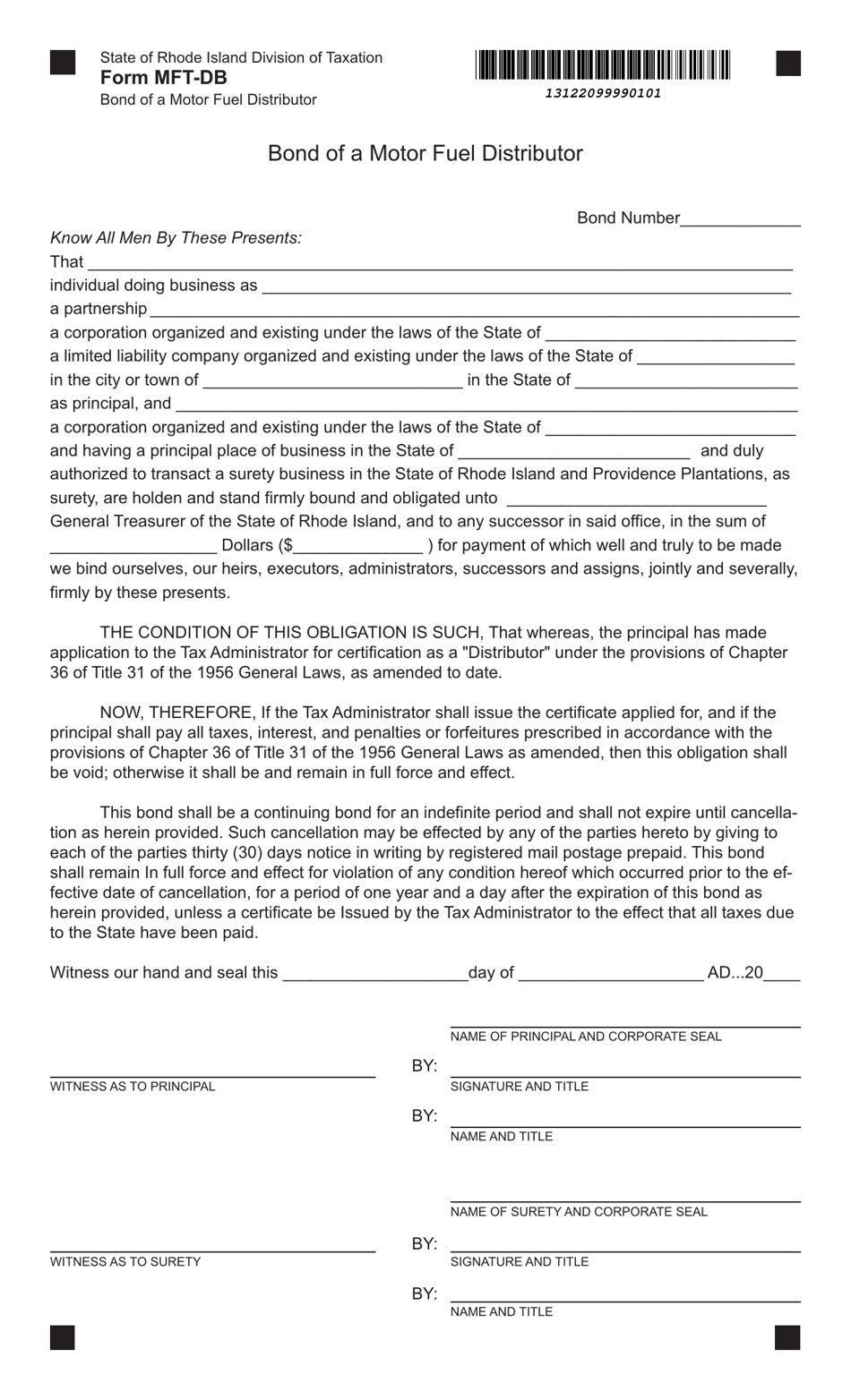 Form MFT-DB Bond of a Motor Fuel Distributor - Rhode Island, Page 1