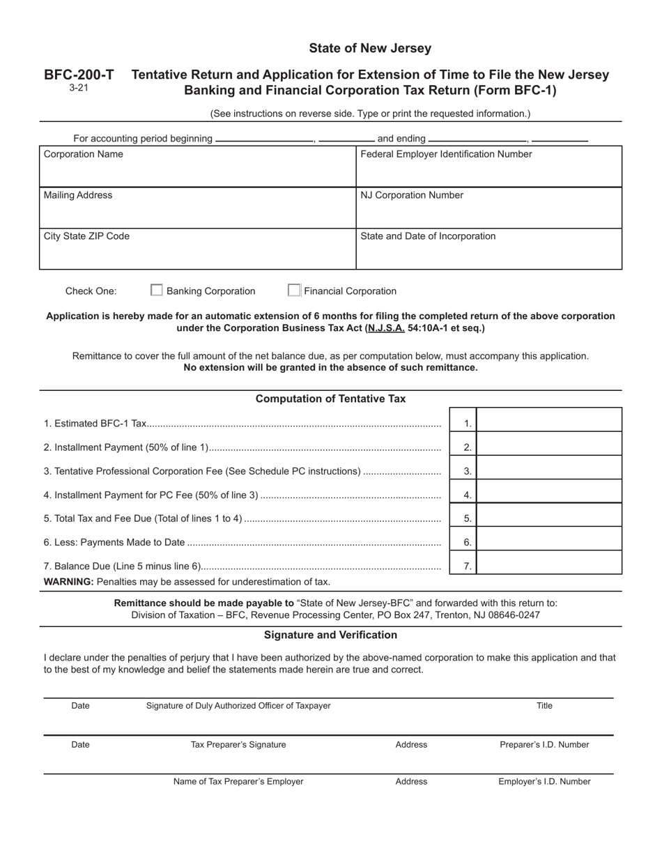 Form BFC-200-T Tentative Return and Application for Extension of Time to File the New Jersey Banking and Financial Corporation Tax Return (Form Bfc-1) - New Jersey, Page 1