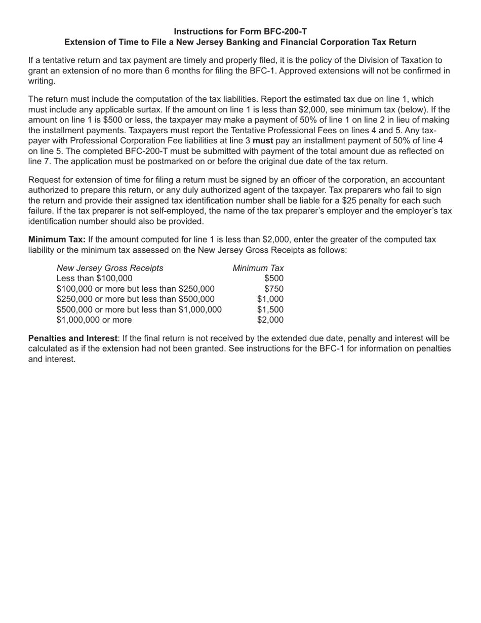 Form BFC-200-T Tentative Return and Application for Extension of Time to File the New Jersey Banking and Financial Corporation Tax Return (Form Bfc-1) - New Jersey, Page 2