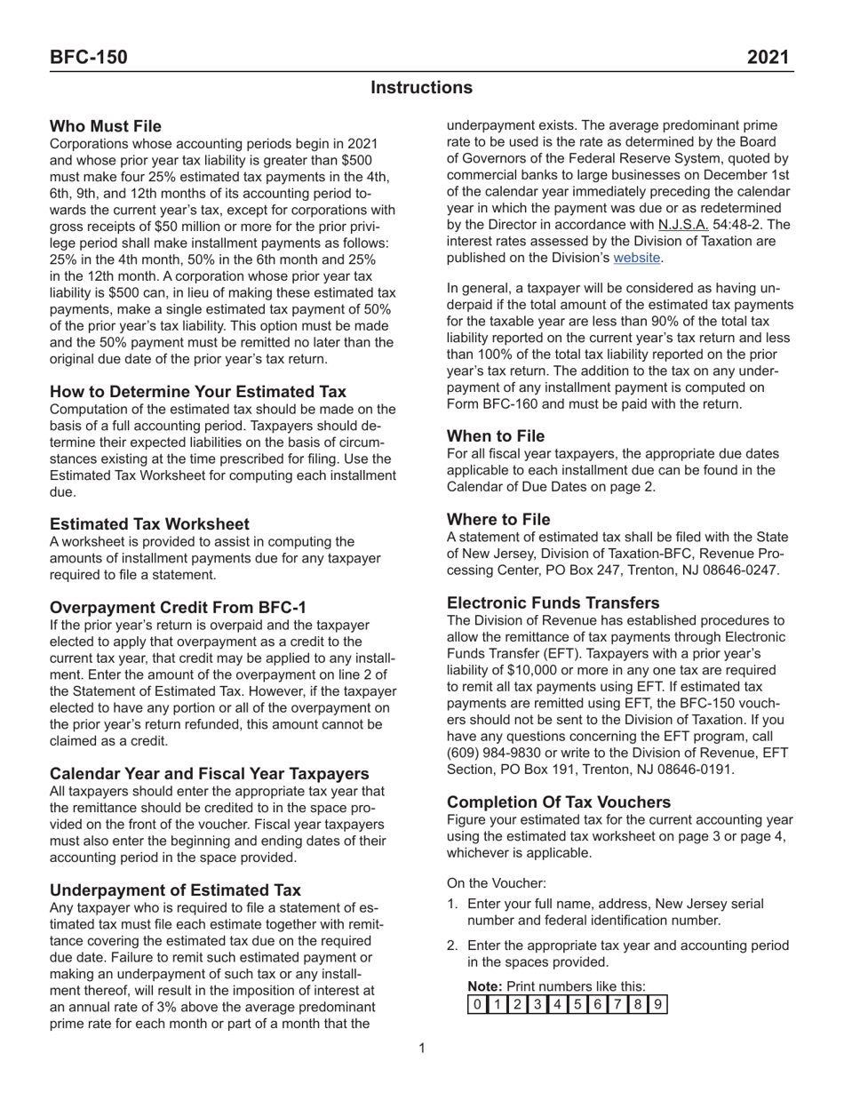 Form BFC-150 Statement of Estimated Tax - New Jersey, Page 2