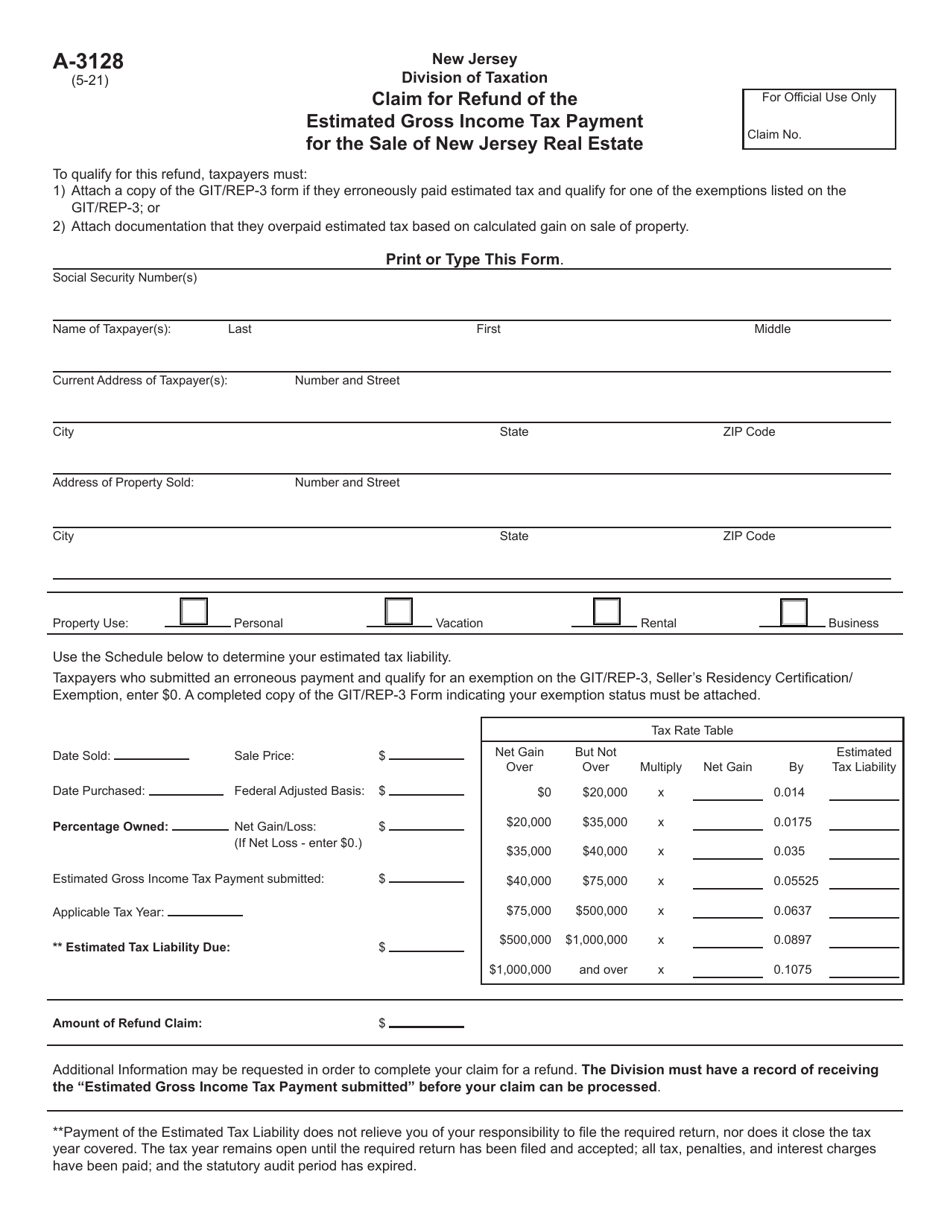 Form A-3128 Claim for Refund of the Estimated Gross Income Tax Payment for the Sale of New Jersey Real Estate - New Jersey, Page 1