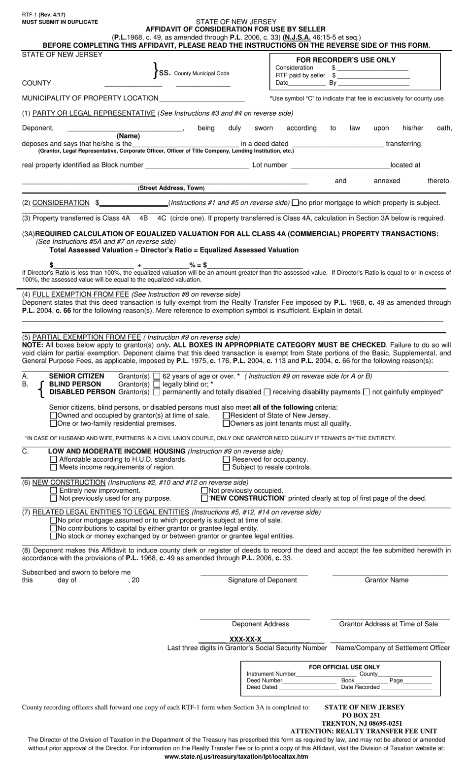 Form RTF-1 Affidavit of Consideration for Use by Seller - New Jersey, Page 1