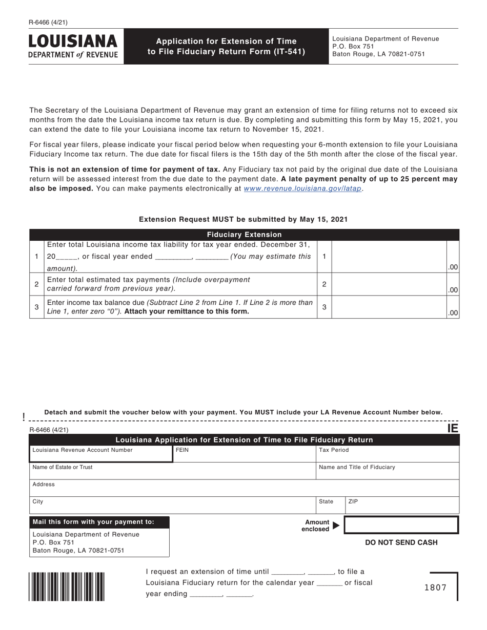 Form R-6466 (IT-541) Application for Extension of Time to File Fiduciary Return Form - Louisiana, Page 1