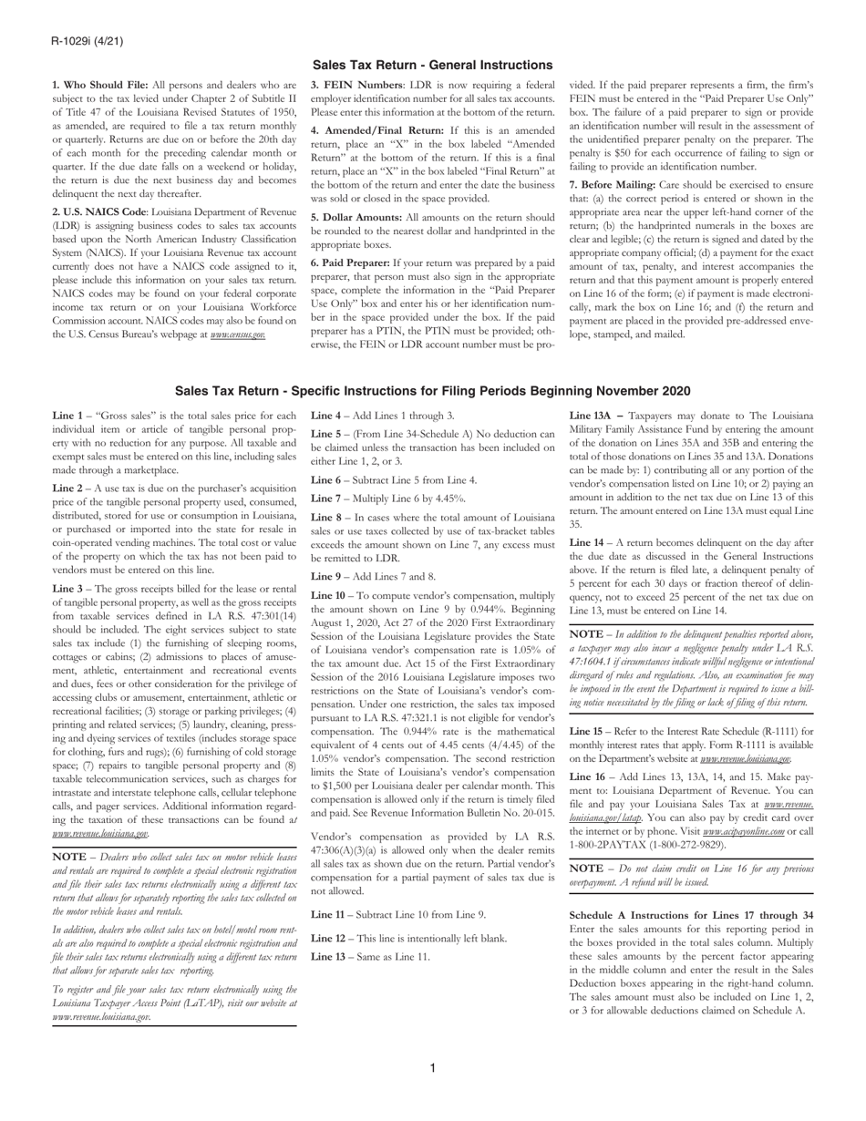 Instructions for Form R-1029 Sales Tax Return - Louisiana, Page 1