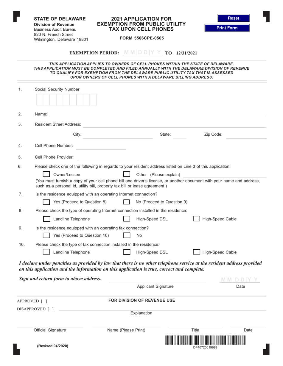 Form 5506CPE-0505 Application for Exemption From Public Utility Tax Upon Cell Phones - Delaware, Page 1