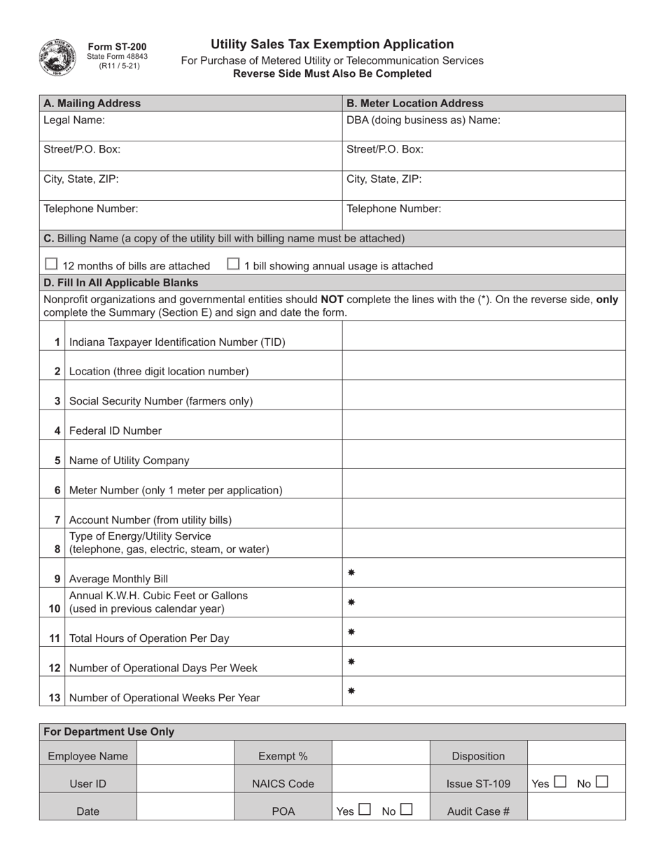Form ST-200 (State Form 48843) Utility Sales Tax Exemption Application for Purchase of Metered Utility or Telecommunication Services - Indiana, Page 1