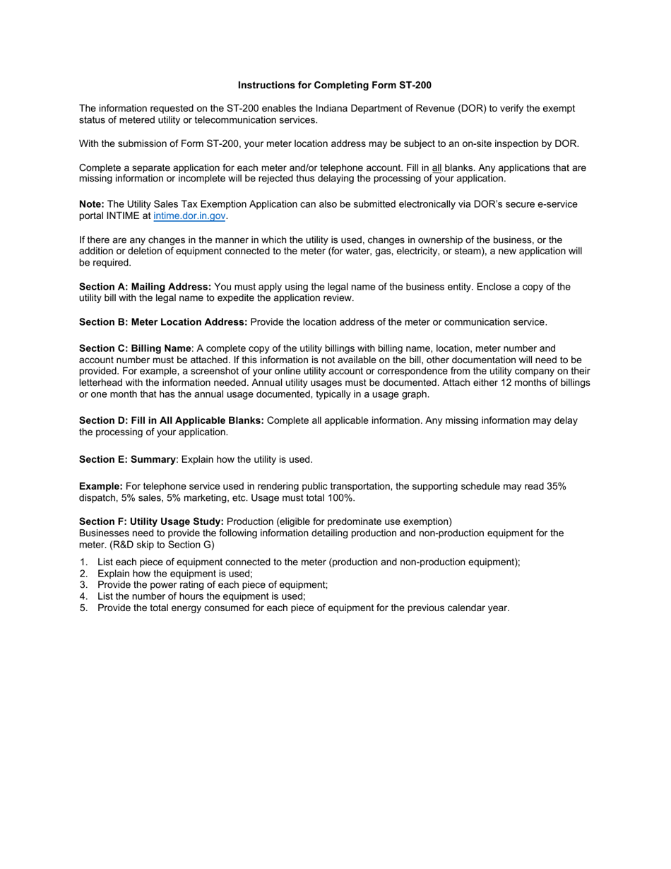 Form ST-200 (State Form 48843) Utility Sales Tax Exemption Application for Purchase of Metered Utility or Telecommunication Services - Indiana, Page 3