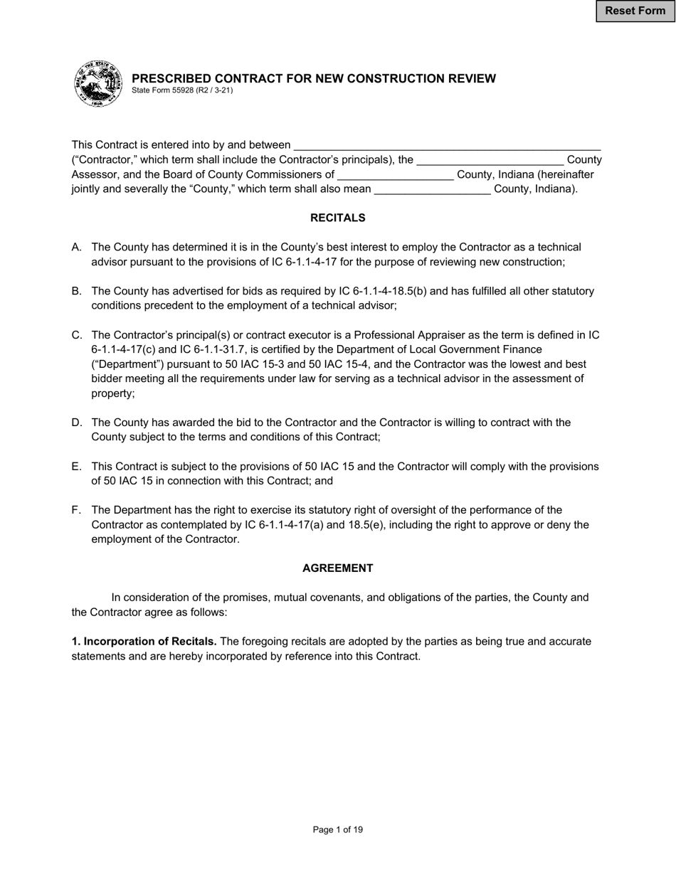 State Form 55928 Prescribed Contract for New Construction Review - Indiana, Page 1