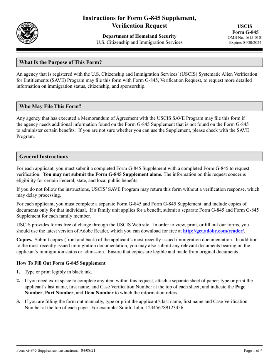 Instructions for USCIS Form G-845 SUPPLEMENT Verification Request, Page 1