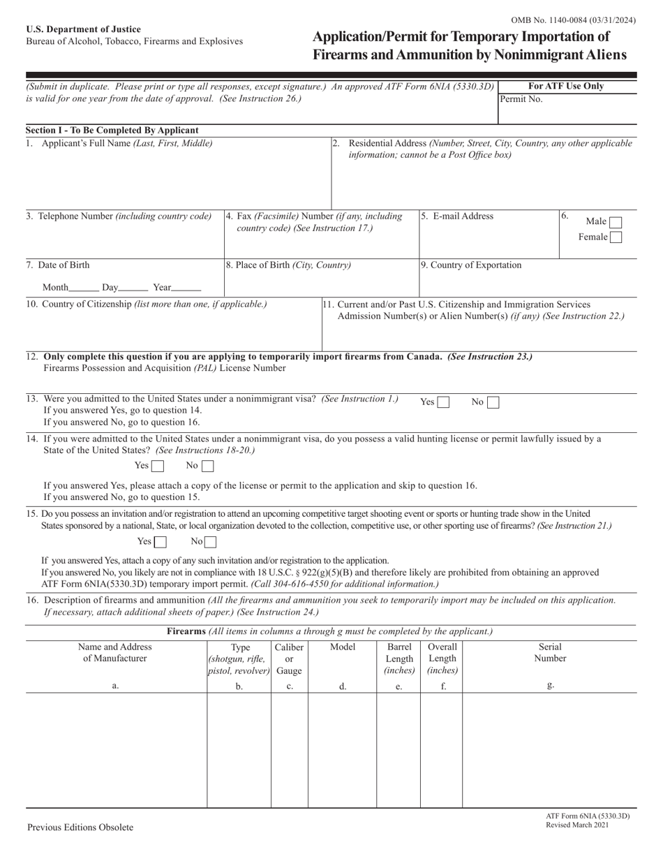 ATF Form 6NIA (5330.3D) Application / Permit for Temporary Importation of Firearms and Ammunition by Nonimmigrant Aliens, Page 1