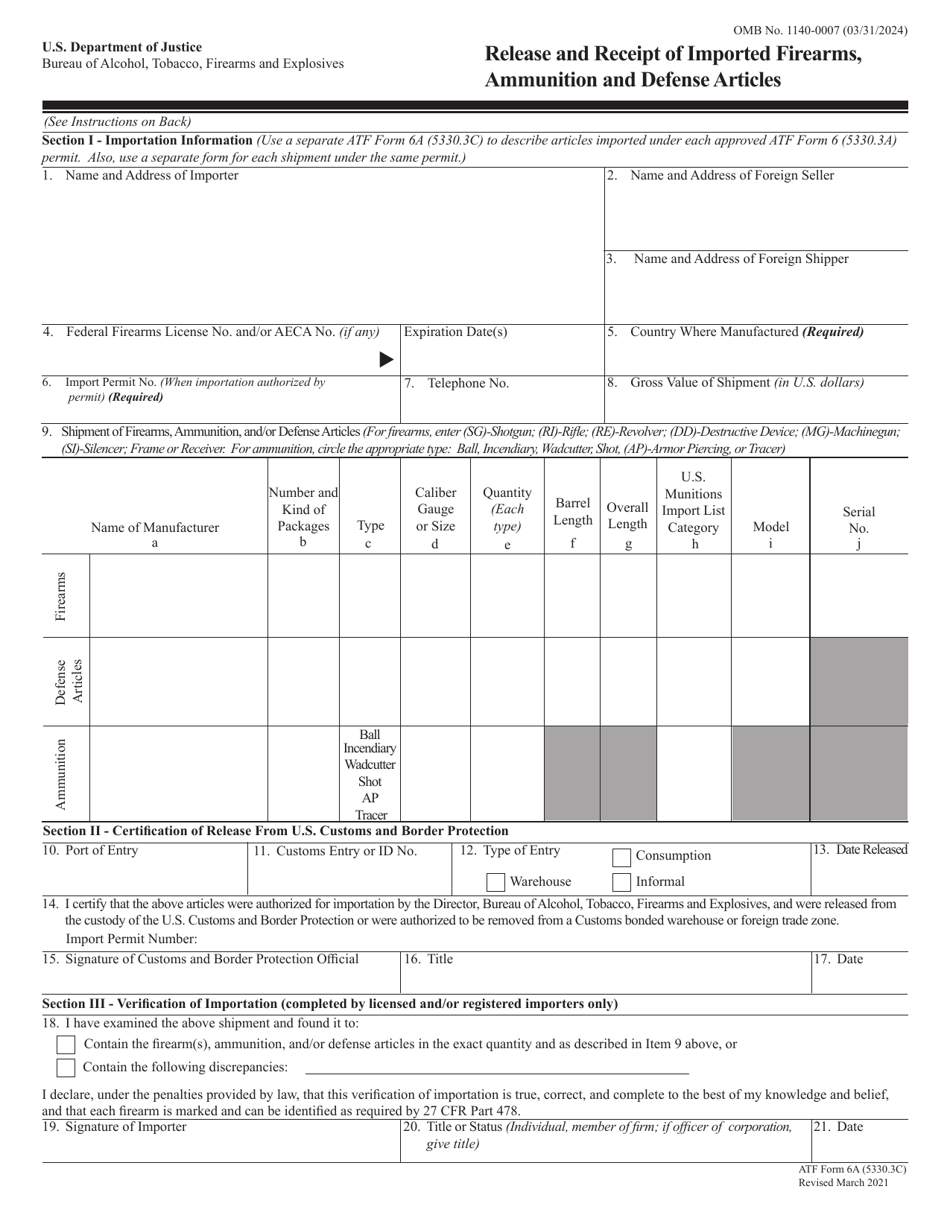ATF Form 6A (5330.3C) Release and Receipt of Imported Firearms, Ammunition and Defense Articles, Page 1