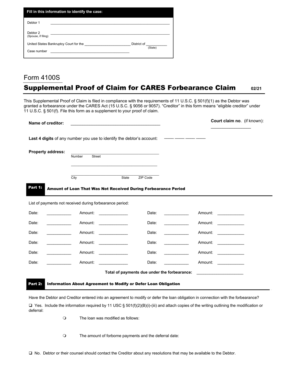 Form 4100S Supplemental Proof of Claim for Cares Forbearance Claim, Page 1