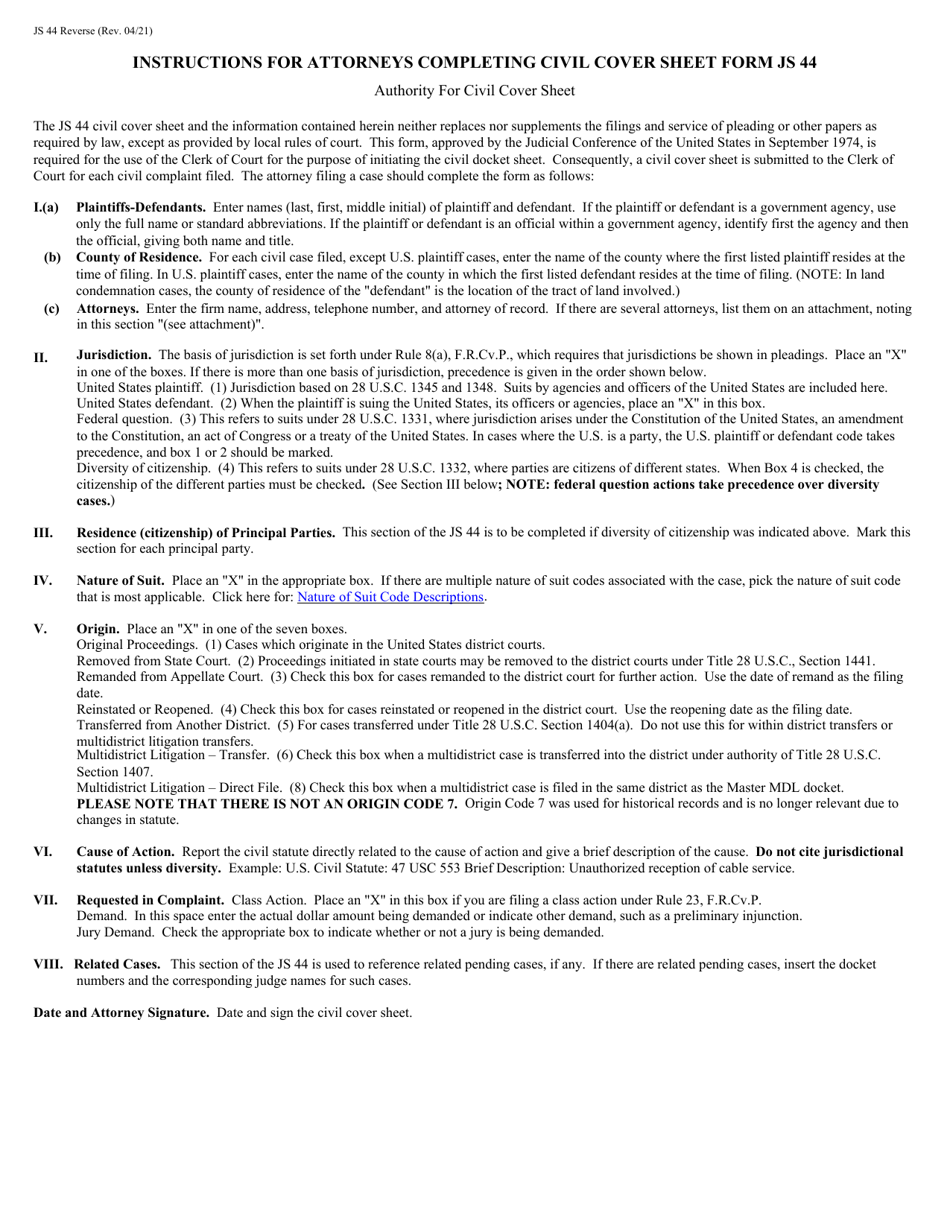 Form JS44 Civil Cover Sheet, Page 2