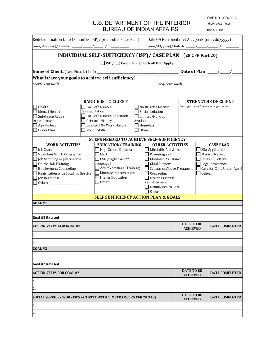 Form BIA5-6602 Individual Self-sufficiency (Isp) / Case Plan, Page 1